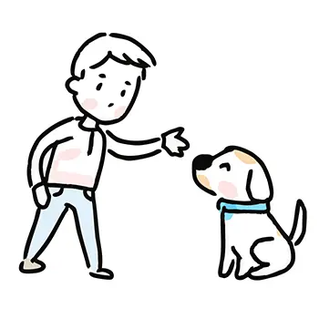 お座りした犬に「待て」のジェスチャーをしている男性の無料イラスト