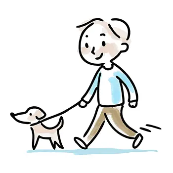 ラフな手書き風で描かれた、犬の散歩をする穏やかな表情の男性の無料イラスト