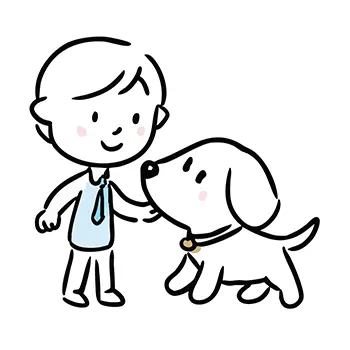 笑顔で白い犬の頭を優しくなでている男の子の無料イラスト