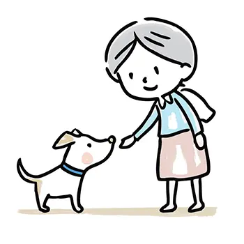 シニア女性（おばあさん）が小さな犬におやつを手からあげている無料イラスト