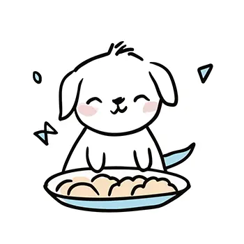お皿のご飯を前に満面の笑みを浮かべている可愛い白い犬の無料イラスト