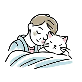 白い猫を抱きしめて一緒にベッドで寝ている人物の無料イラスト