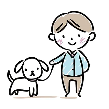 白い犬を連れて笑顔で散歩をしている男の子（男性）のシンプルな無料イラスト