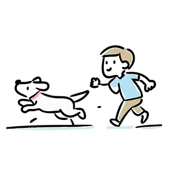 元気に走る犬を笑顔で追いかけている男の子の無料イラスト