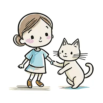 二本足で立った猫と笑顔で握手（お手）をしている女の子の無料イラスト