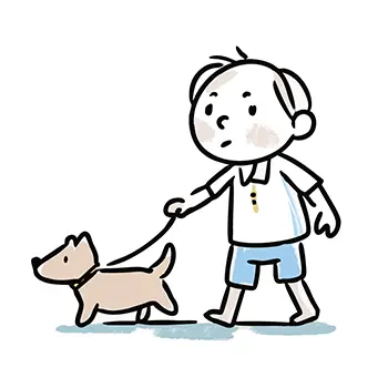 犬の散歩中に、何かを気にして驚いたように振り返る男の子の無料イラスト