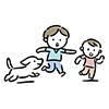2人の子供と犬が一緒に楽しそうに走っている様子の無料イラスト