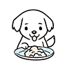 お皿のご飯を前に嬉しそうにしている白い犬の無料イラスト
