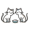 2匹の猫がお皿を囲んで仲良くご飯を食べている無料イラスト