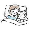 ベッドで猫と一緒に寝ている人物の無料イラスト（猫は眠そうな顔）