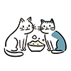 2匹の猫がご飯の入ったお皿を囲んで座っている無料イラスト