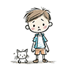 悲しそうな顔で立つ男の子と、その横に座る小さな白い猫の無料イラスト