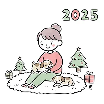 2025年のクリスマス、室内で二匹の子犬とくつろぐ女性のフリー素材イラスト。