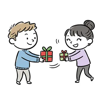 クリスマスに笑顔でプレゼント交換をする男性と女性のフリー素材イラスト。