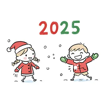 2025年のクリスマス、サンタの格好で雪遊びをする男の子と女の子のフリー素材イラスト。
