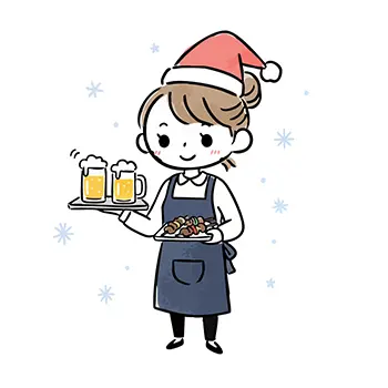 サンタの帽子をかぶり、ビールと焼き鳥を運ぶ居酒屋の女性店員のフリー素材イラスト。