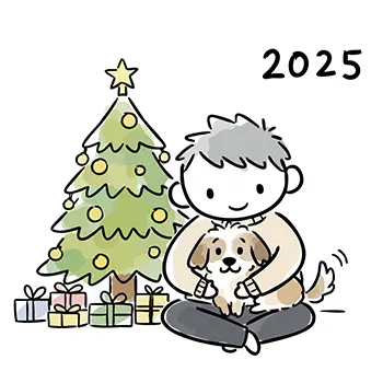 2025年のクリスマス、クリスマスツリーの前で愛犬（小型犬）を抱きしめる笑顔の男性のフリー素材イラスト。