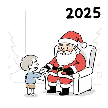 2025年のクリスマス、椅子に座るサンタクロースに欲しいものリストを手渡す男の子のフリー素材イラスト。