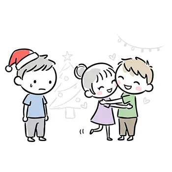 クリスマスの日、幸せそうに抱き合うカップルを寂しそうに眺めるサンタ帽の男性（クリぼっち）のフリー素材イラスト。