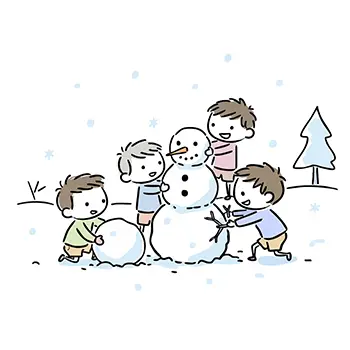 冬の日、雪の中で4人の子供たち（男の子）が協力して雪だるまを作っているフリー素材イラスト。