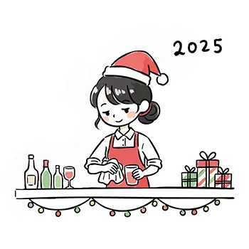 2025年のクリスマス、サンタ帽をかぶりバーカウンターでグラスを拭く女性バーテンダーのフリー素材イラスト。