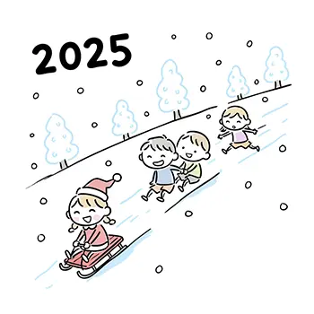 2025年の冬、雪が積もった坂道でそり滑りを楽しむ子供たち(サンタ帽の女の子と男の子)のフリー素材イラスト。