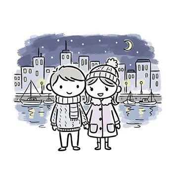 冬の夜、港の美しい夜景を背景に手をつないでいるカップルのフリー素材イラスト。