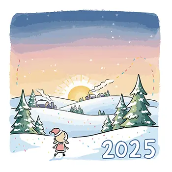 2025年の冬、美しい雪景色の中で日の出（朝日）を眺めるサンタ帽の子供のフリー素材イラスト。