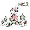 2025年クリスマス、子犬と過ごす女性の無料イラスト