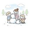親子で雪だるまを作る無料イラスト【冬の風景】