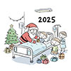 2025年クリスマス、病院を訪問するサンタクロースの無料イラスト