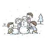 雪だるまを作って遊ぶ子供たちの無料イラスト【冬・フリー素材】