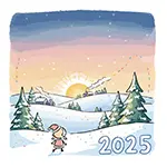2025年、冬の雪景色の日の出（朝日）の無料イラスト