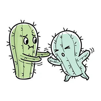 ハグをしようとして拒否され、逃げられているサボテンのキャラクターイラスト。