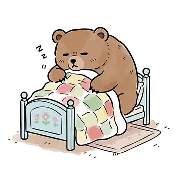 小さなベッドで布団をかけてぐっすり眠っているクマの無料イラスト。