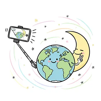 地球と月が自撮り棒を使って仲良くツーショットのセルフィーを撮っている無料イラスト。