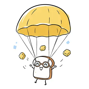 食パンのキャラクターが、ゴーグルをつけ、チーズのパラシュートで楽しそうに降下している無料イラスト。