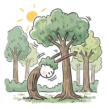 緑豊かな森の中、擬人化された小さな木が大きな親の木に愛情を込めて抱きついている無料イラスト。