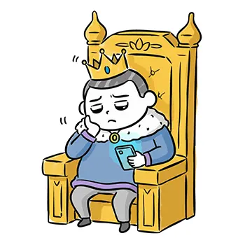 豪華な玉座に座った王様が、頬杖をつきながら退屈そうにスマートフォンを眺めている無料イラスト。