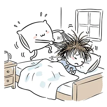 ベッドで眠る人の髪を、擬人化された枕が汗をかきながら引っ張って起こそうとしているコミカルな無料イラスト。