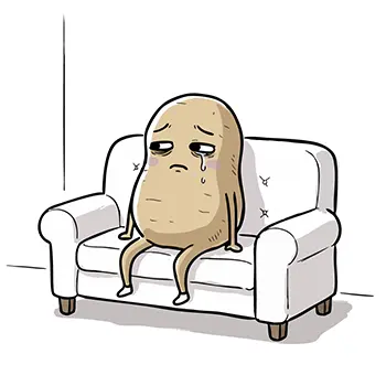 白いソファに座り、無気力な様子で悲しそうに泣いている「カウチポテト」のジャガイモの無料イラスト。