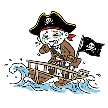勇敢なはずの海賊が、小さな船の上でひどい船酔いにかかり、顔面蒼白になっているコミカルな無料イラスト。