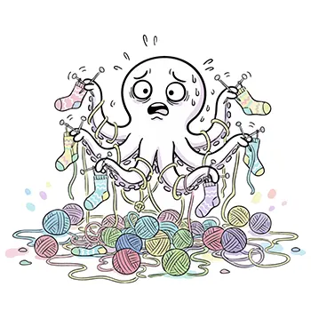 8本の足で同時に編み物をしようとして、毛糸が絡まりパニックになっているタコのコミカルな無料イラスト。