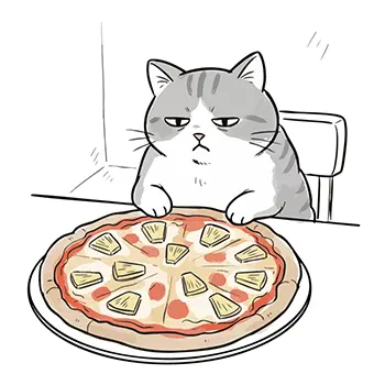 目の前に出されたパイナップルが乗ったピザを、猫が非常に不満そうで呆れたような顔でじっと見つめている無料イラスト。