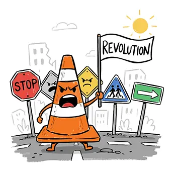 擬人化されたカラーコーンが「REVOLUTION(革命)」と書かれた旗を持ち、他の道路標識たちと一緒に道路でデモをしている無料イラスト。