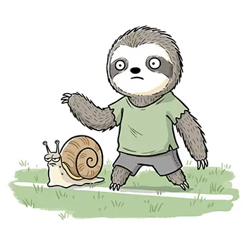 レースで競い合っているナマケモノとカタツムリ。ナマケモノがカタツムリを見て驚いているコミカルな無料イラスト。