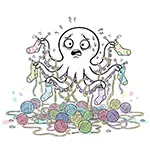 8本足でもパニック！編み物で混乱するタコの無料イラスト