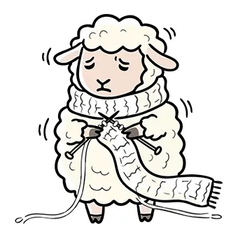 自分の毛でマフラーを編む、少し困り顔の羊のフリーイラスト素材。