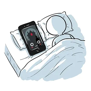 ベッドでホラー映画を観て怖がっているスマートフォンの擬人化フリーイラスト。