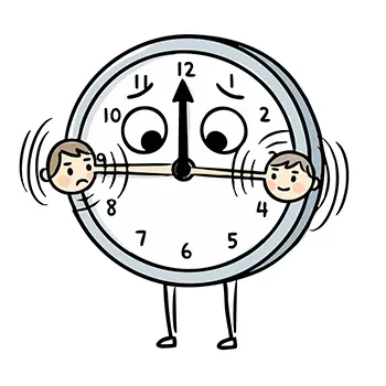 針が人の頭を掴んで振り回す、時間に追われて焦る時計の擬人化フリーイラスト。